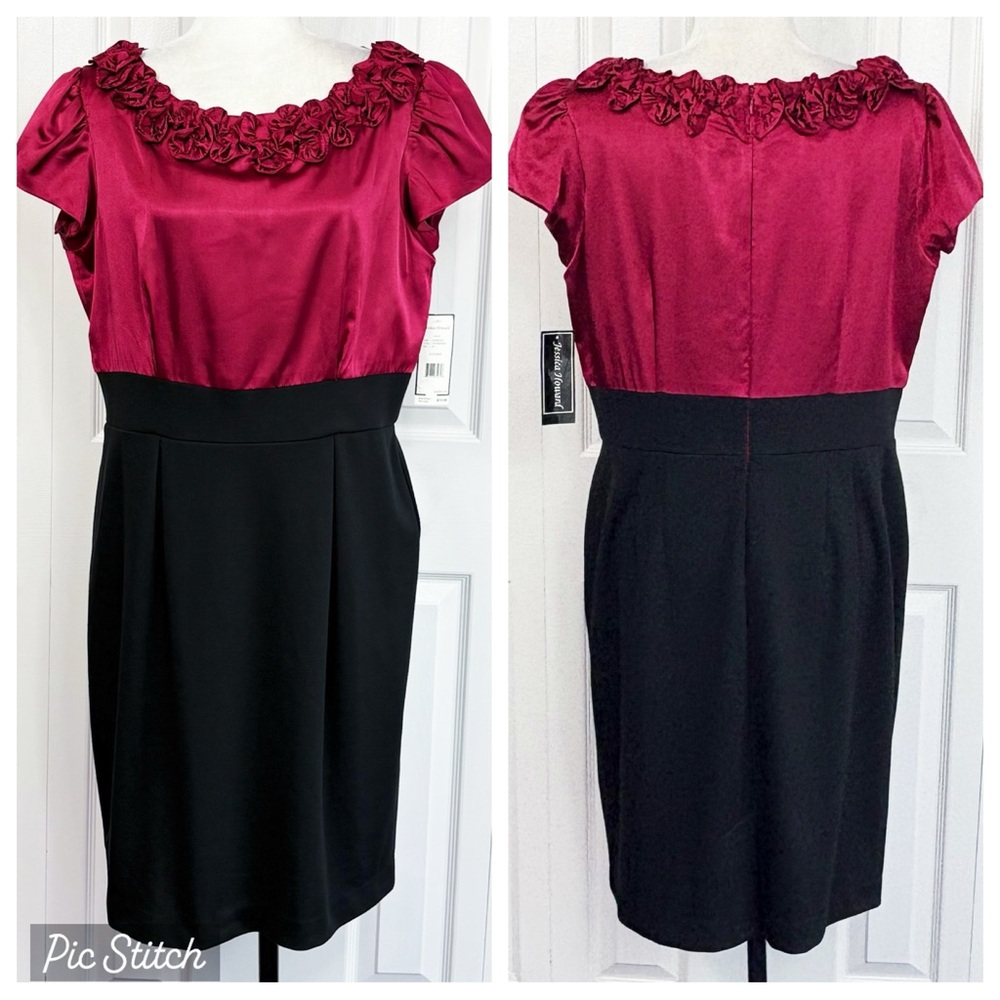 NWT Jessica Howard Cranberry & Black Floral Trim Sheath Dress 16